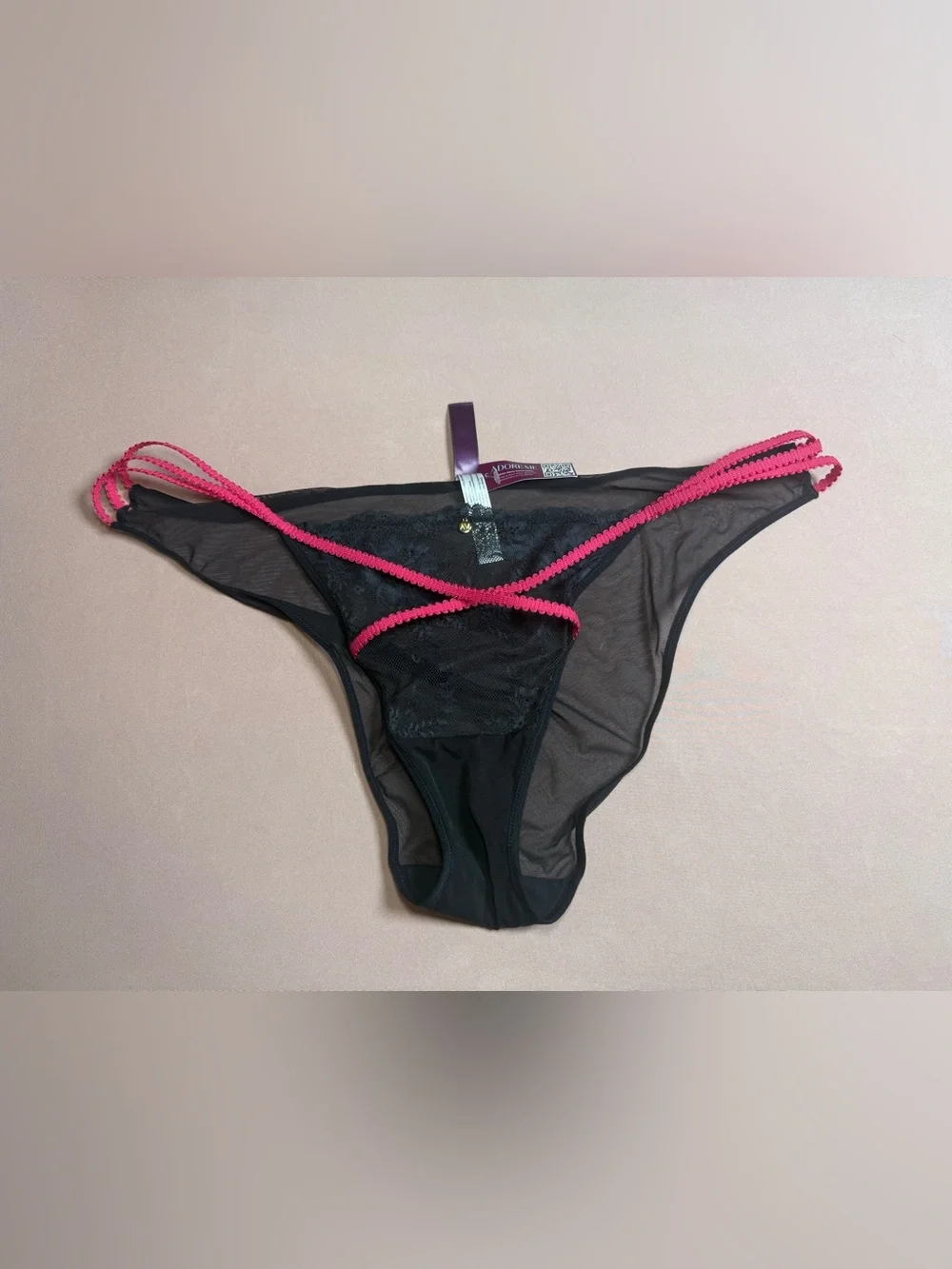 Adore Me Sheer Black Mesh Lace Panty Underwear Pink Strap Size XL NWT
